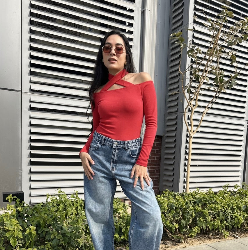 CORAL-RED CRISS-CROSS TOP