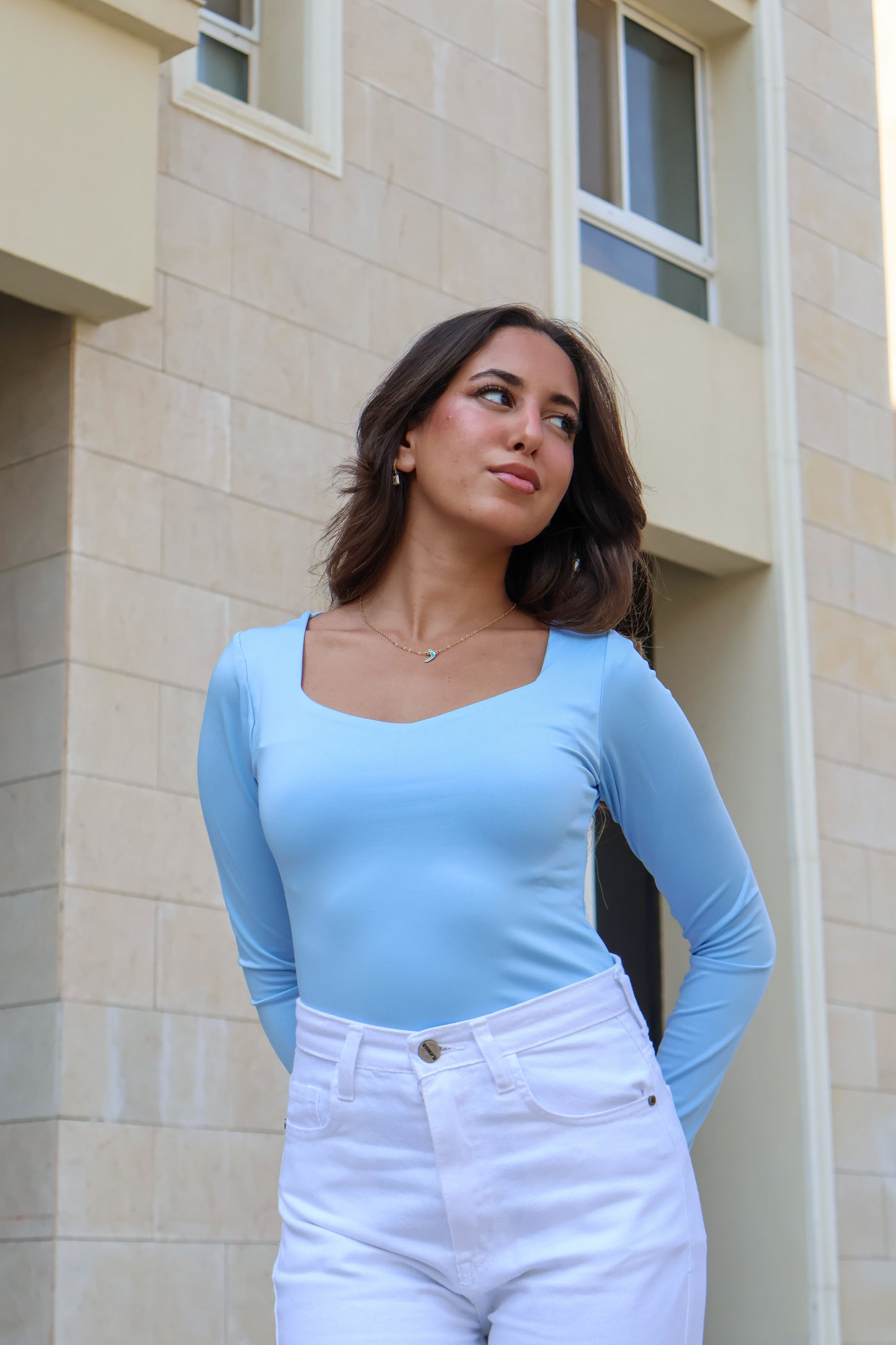 BABY BLUE SQUARE NECK LONG-SLEEVE BASIC TOP