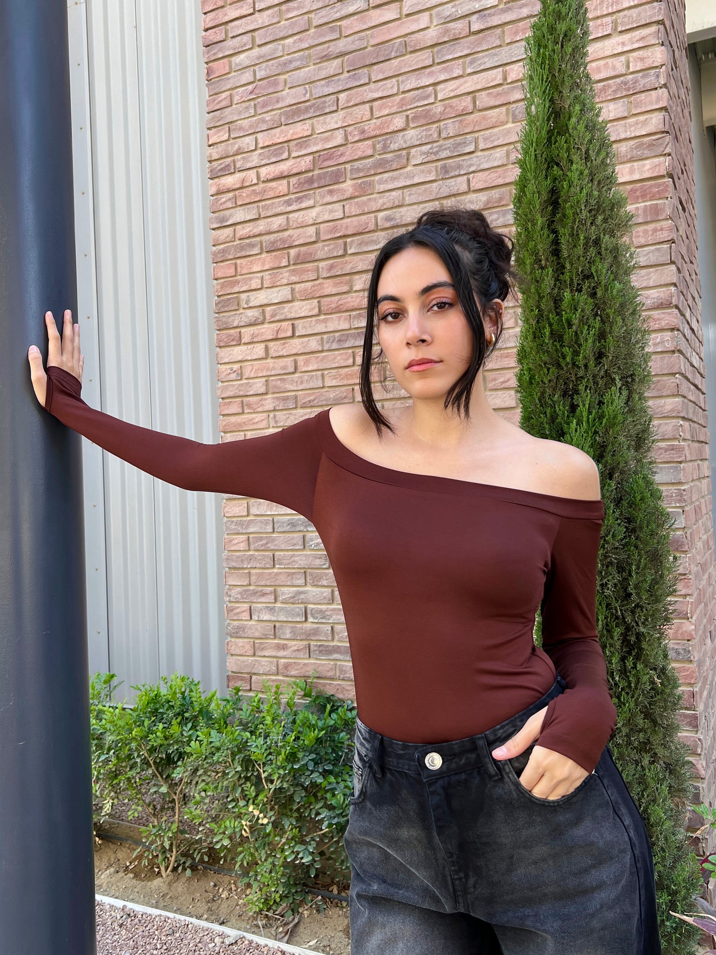 BROWN OFF SHOULDERS BASIC TOP