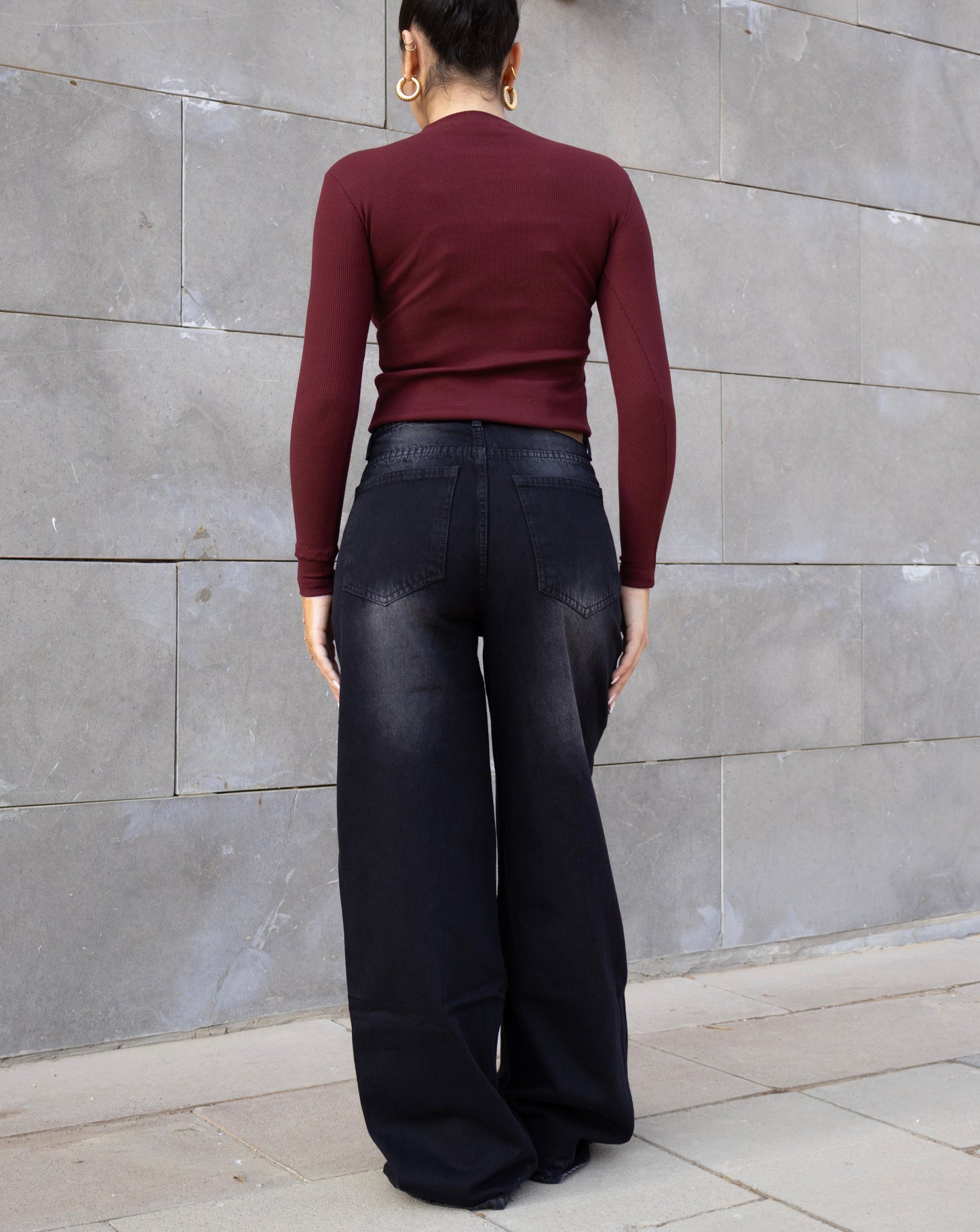 BLACK USED-EFFECT CROSSOVER WAIST DENIM