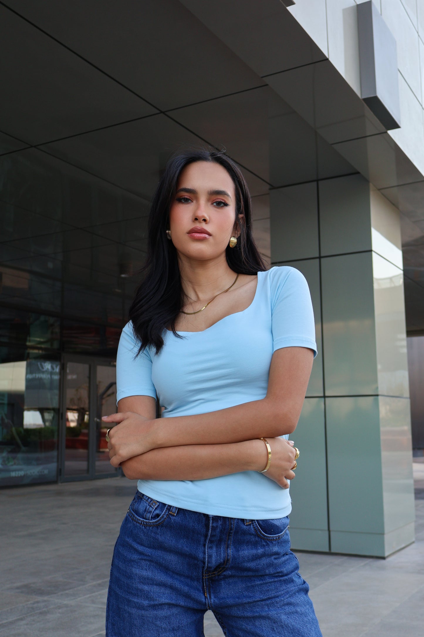 BABY BLUE COTTON SQUARE-NECK TOP