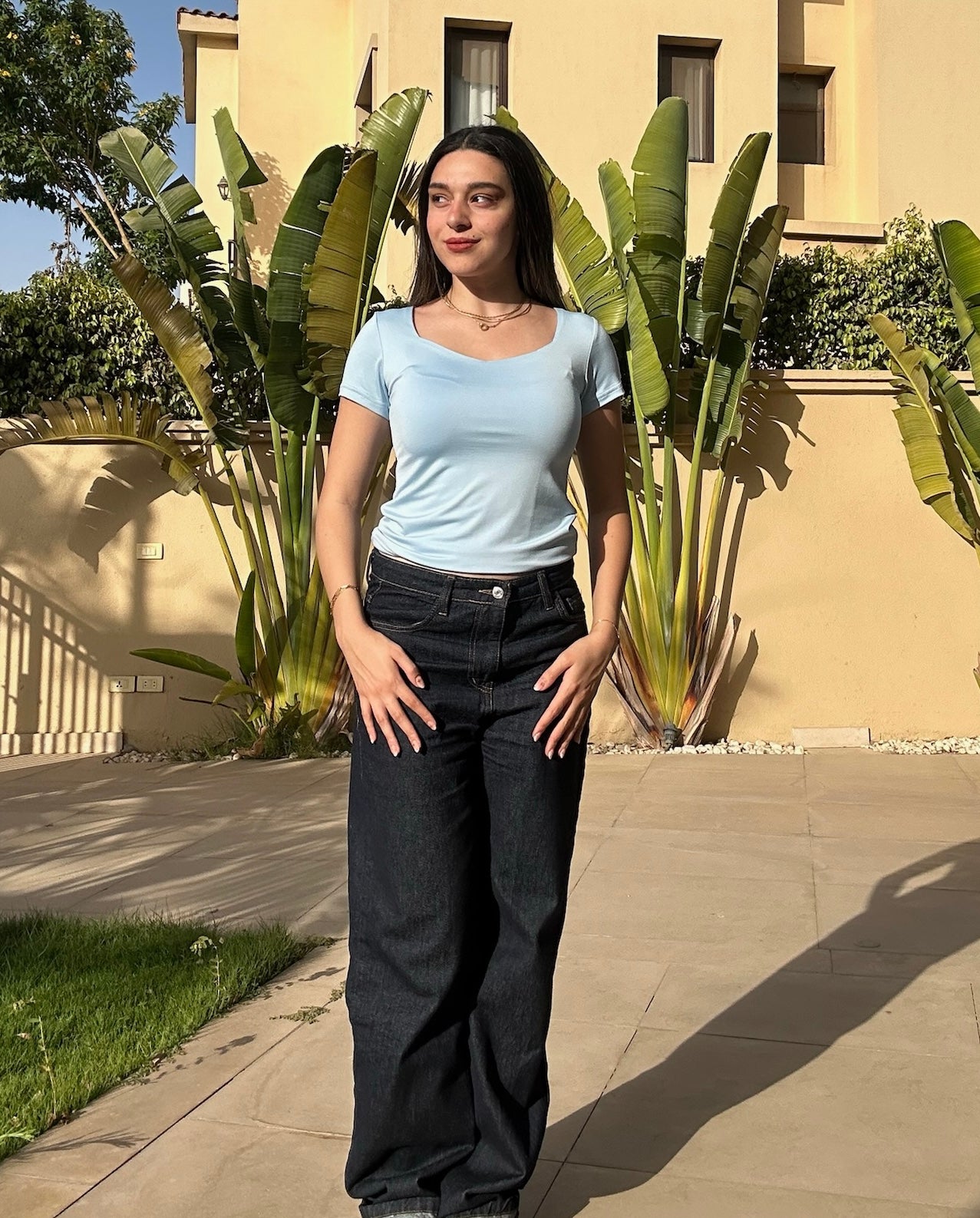 BABY-BLUE-SQUARE NECK SHORT SLEEVED BASIC TOP