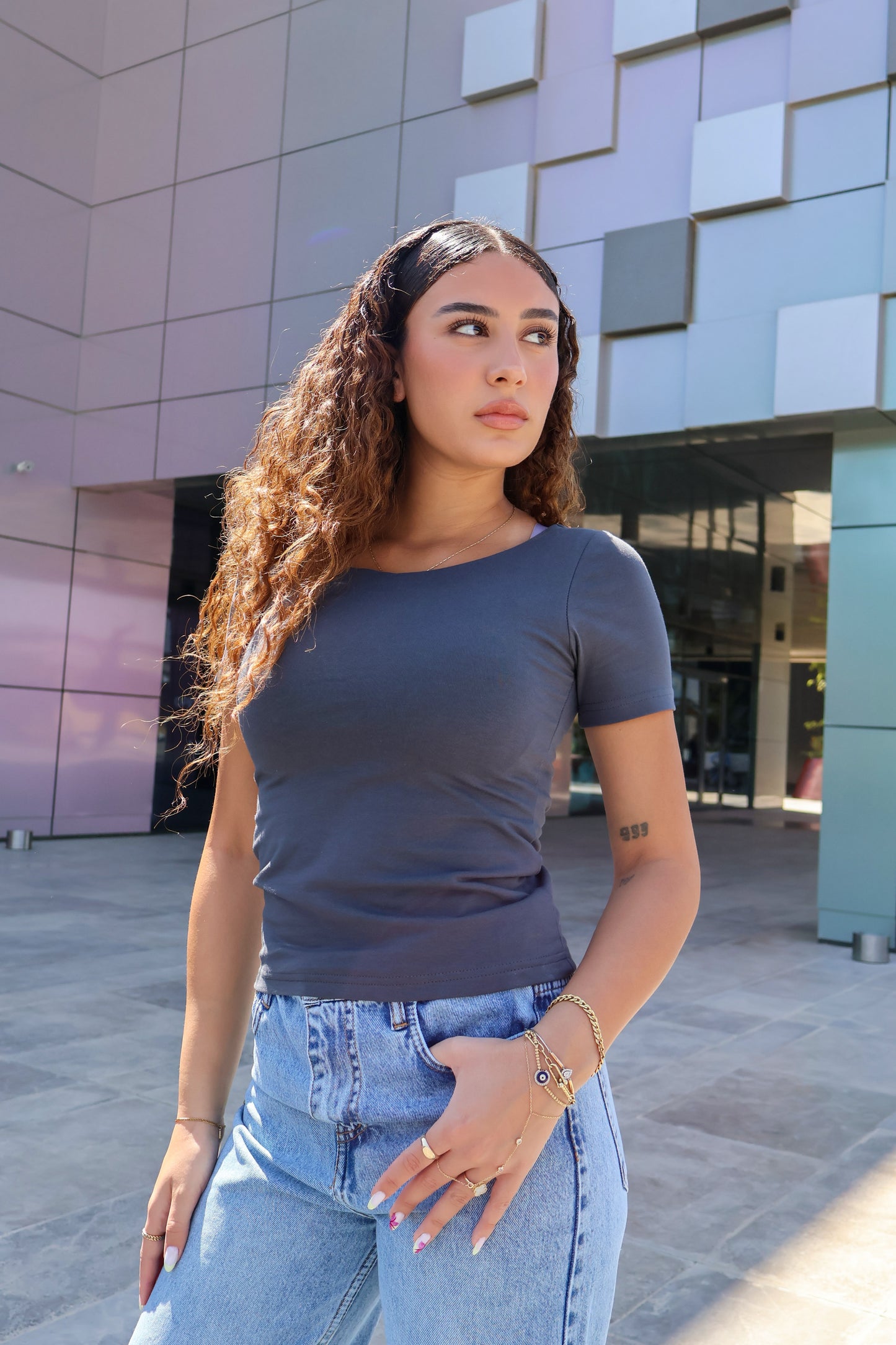 GRAY COTTON ROUND-NECK TOP