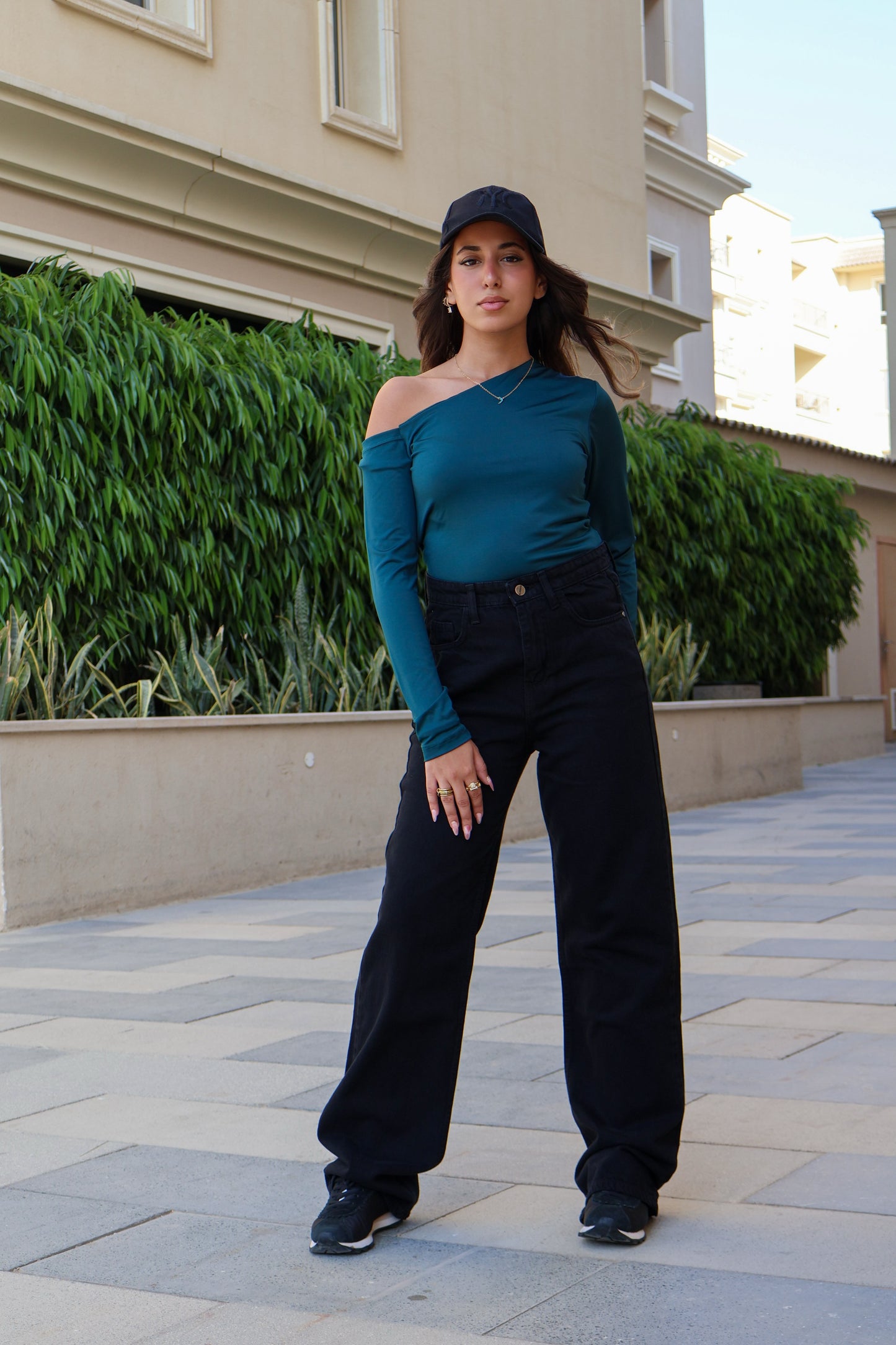 PETROL-GREEN ONE SHOULDER BASIC TOP