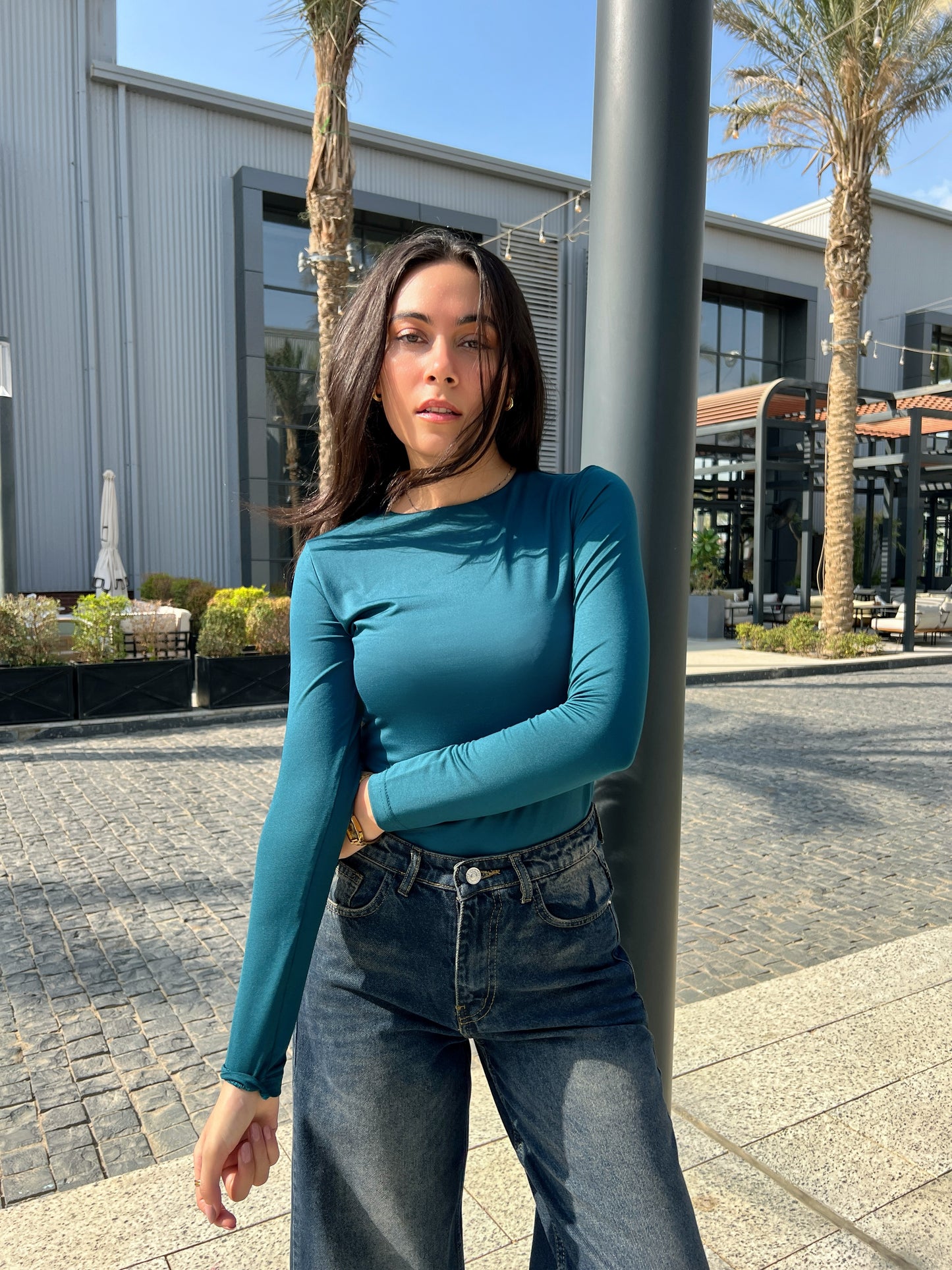 PETROL GREEN LONG-SLEEVE CREWNECK BASIC TOP