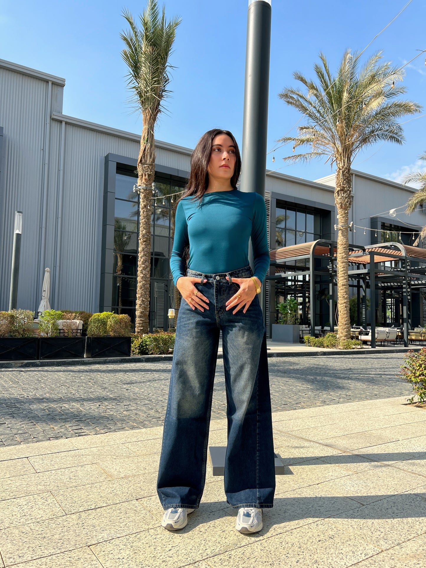 PETROL GREEN LONG-SLEEVE CREWNECK BASIC TOP