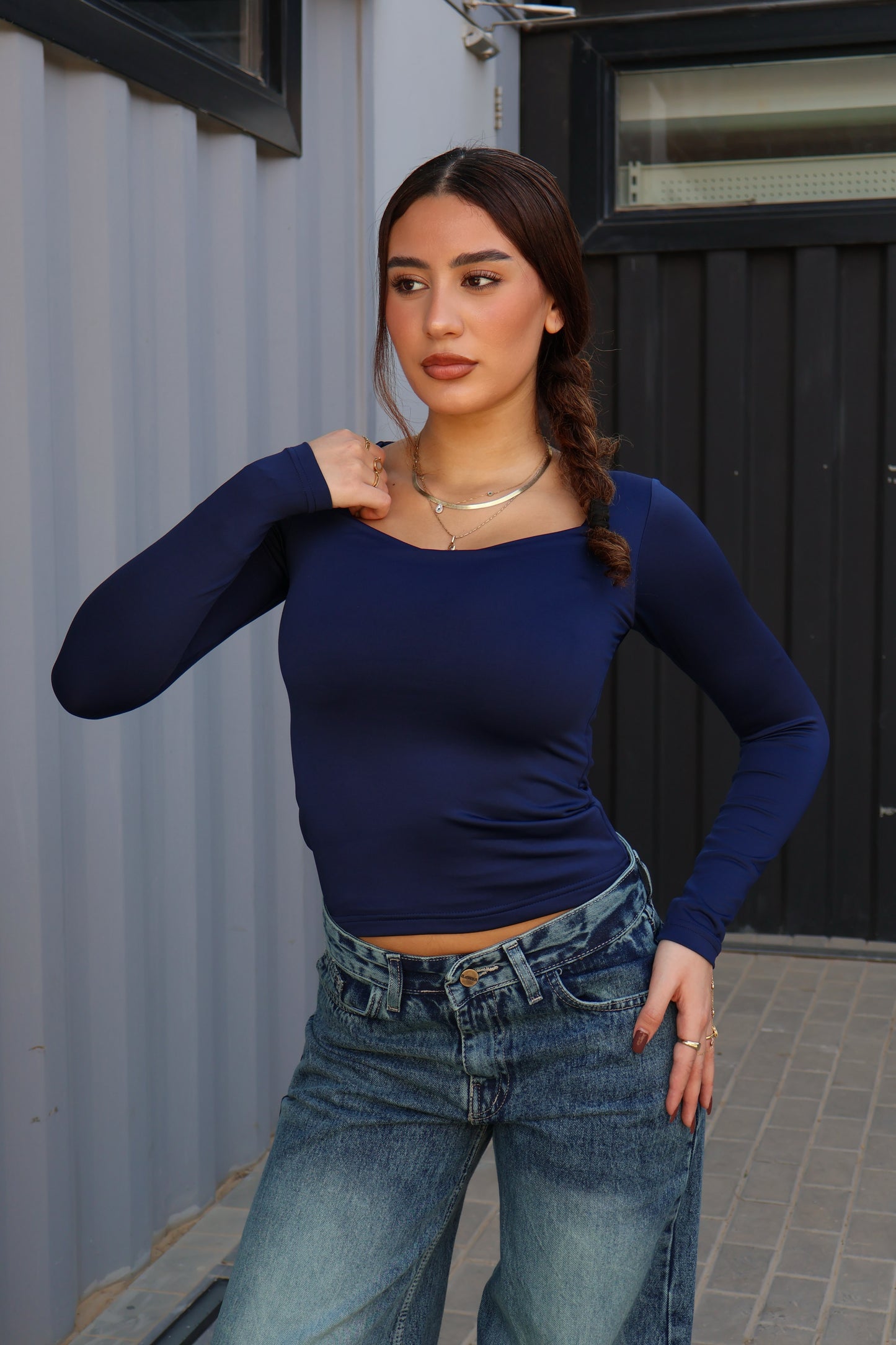 NAVY BLUE SQUARE NECK LONG-SLEEVE BASIC TOP