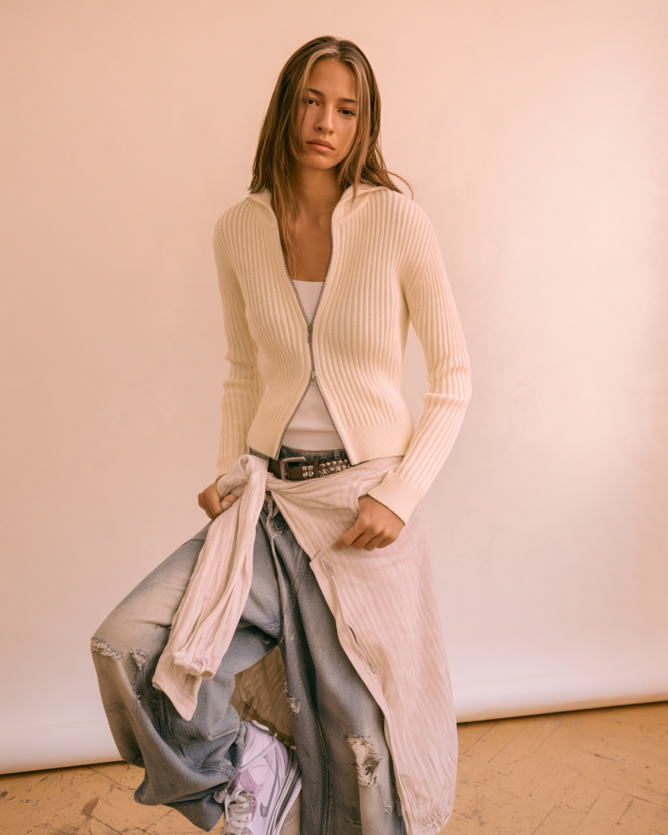 RIBBED COTTON ZIP-UP CARDIGAN