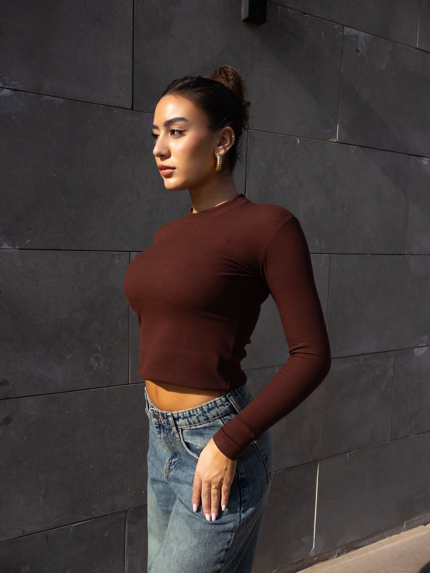 BROWN RIBBED COTTON CREWNECK BASIC TOP
