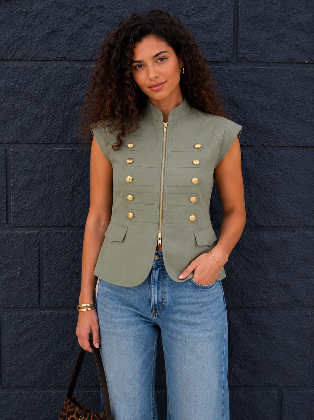 Cotton Olive Military Chic Vest