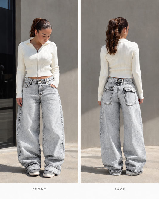 GRAY MID RISE BARREL DENIM WITH BACK BELT
