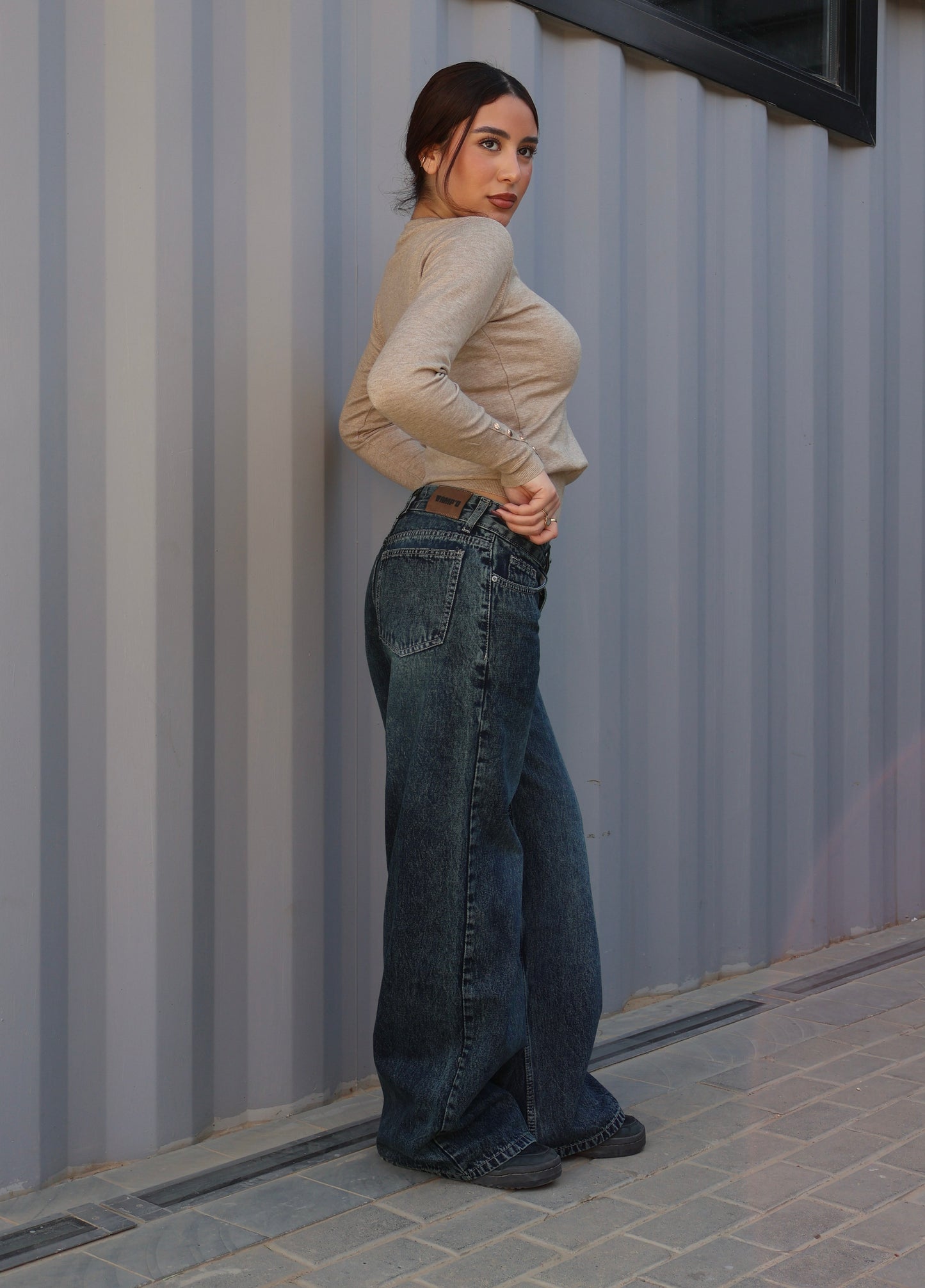 BLUE GREEN LOW-WAIST WIDE LEG DENIM