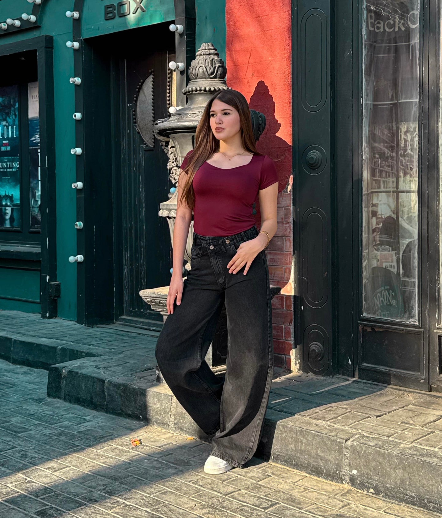 black crossover waist wide leg denim