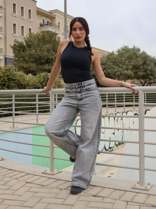 GRAY MID-RISE BAGGY DENIM