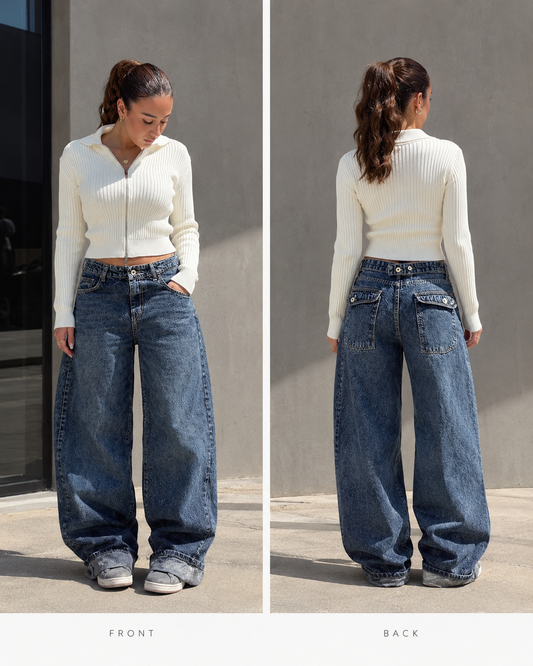 VINTAGE MID RISE BARREL DENIM WITH BACK BELT