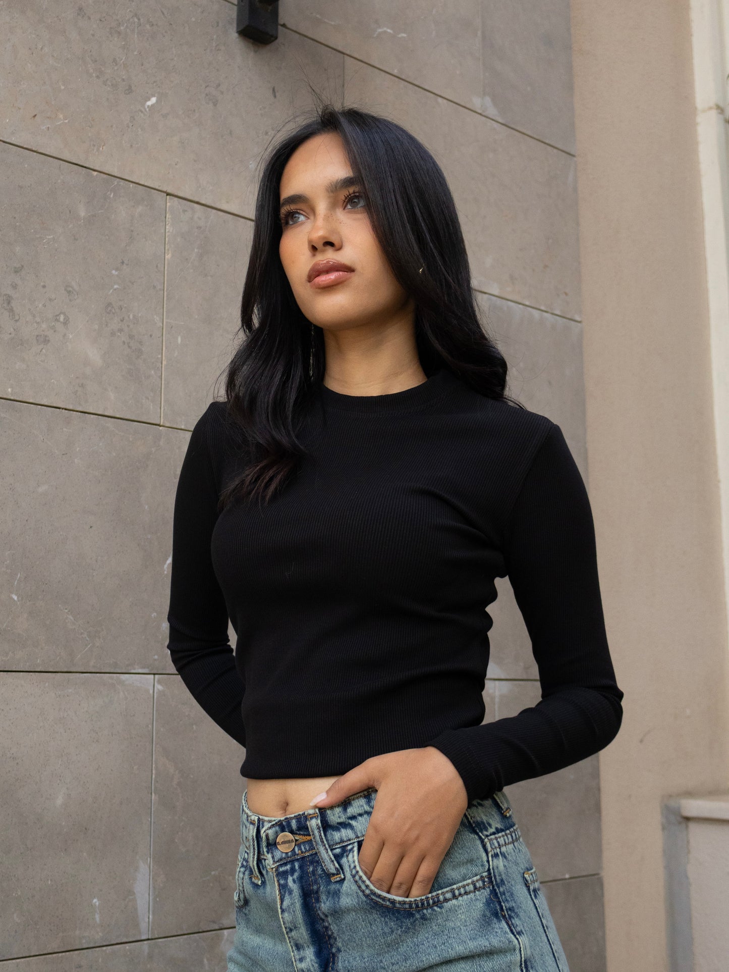 BLACK RIBBED COTTON CREWNECK BASIC TOP