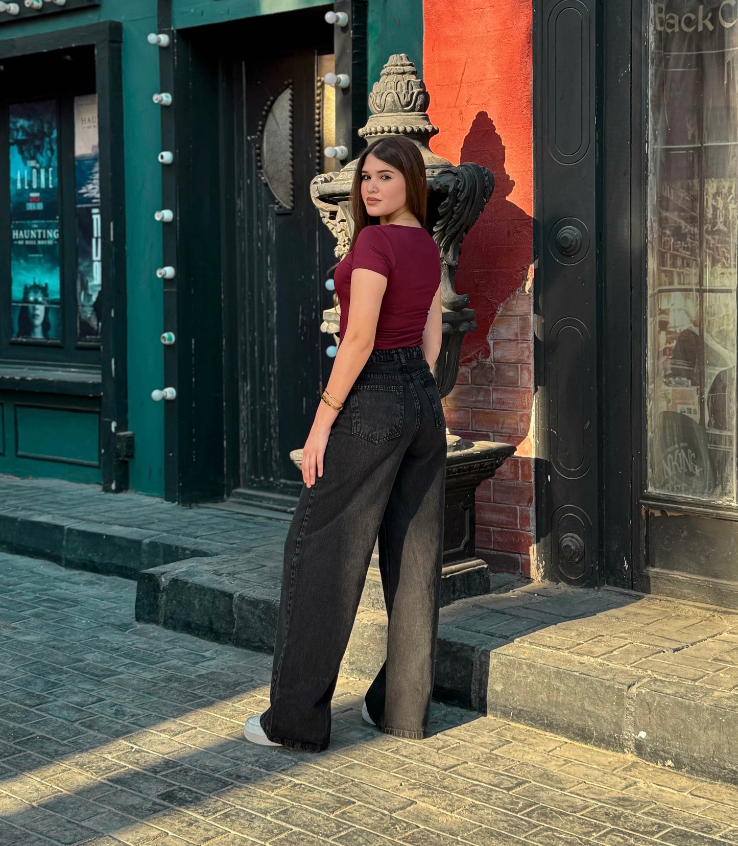 black crossover waist wide leg denim