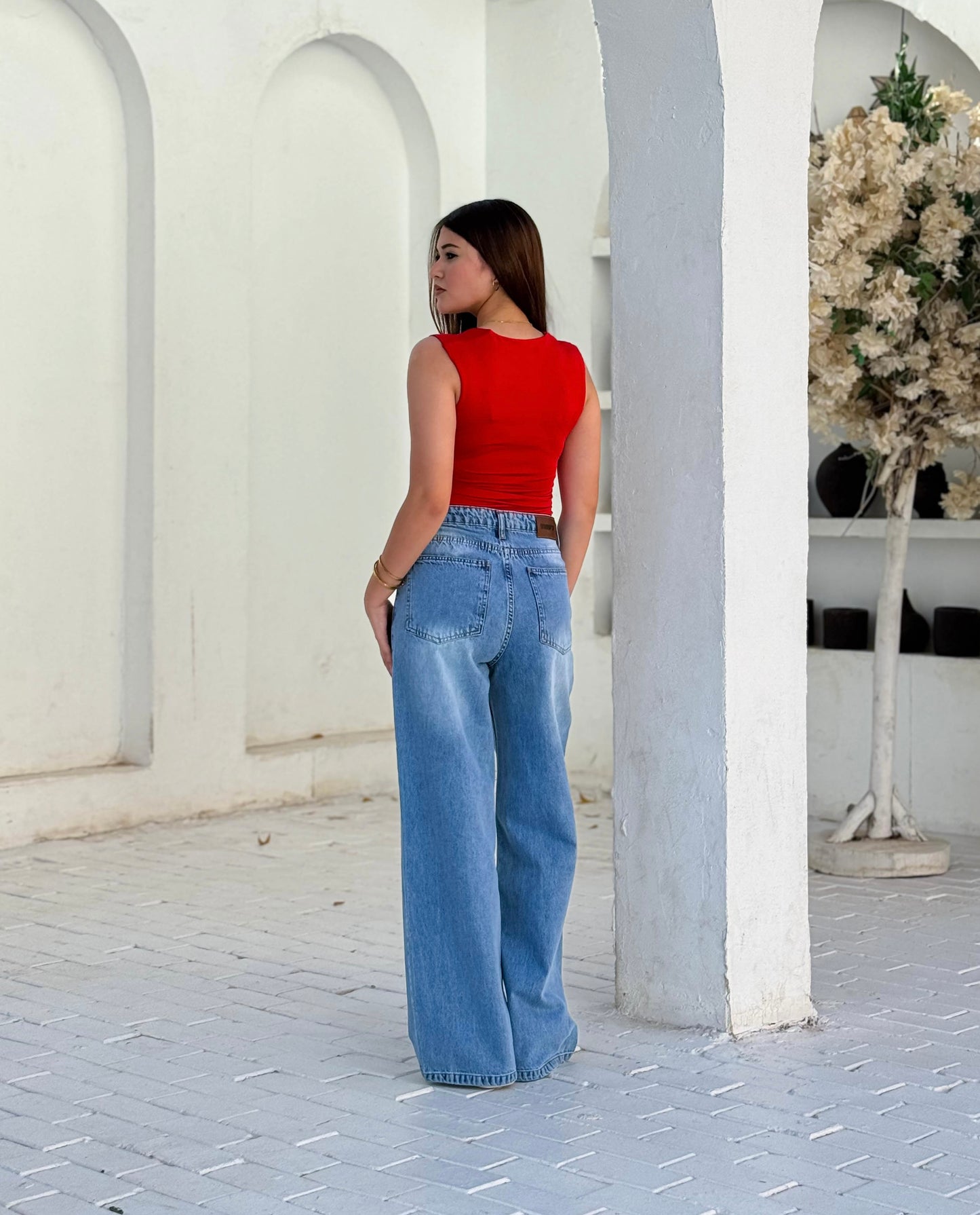 blue crossover waist wide leg denim