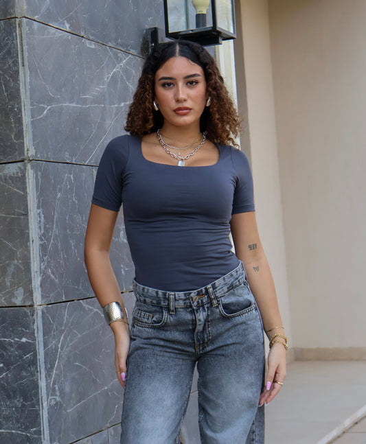 GRAY COTTON SQUARE-NECK TOP