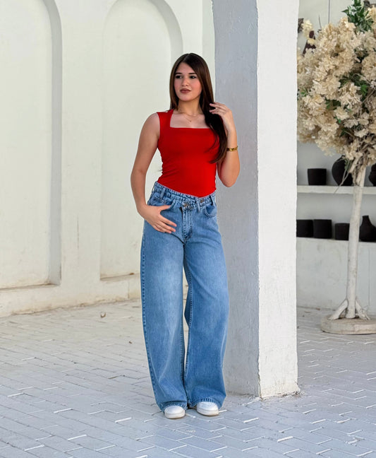 blue crossover waist wide leg denim