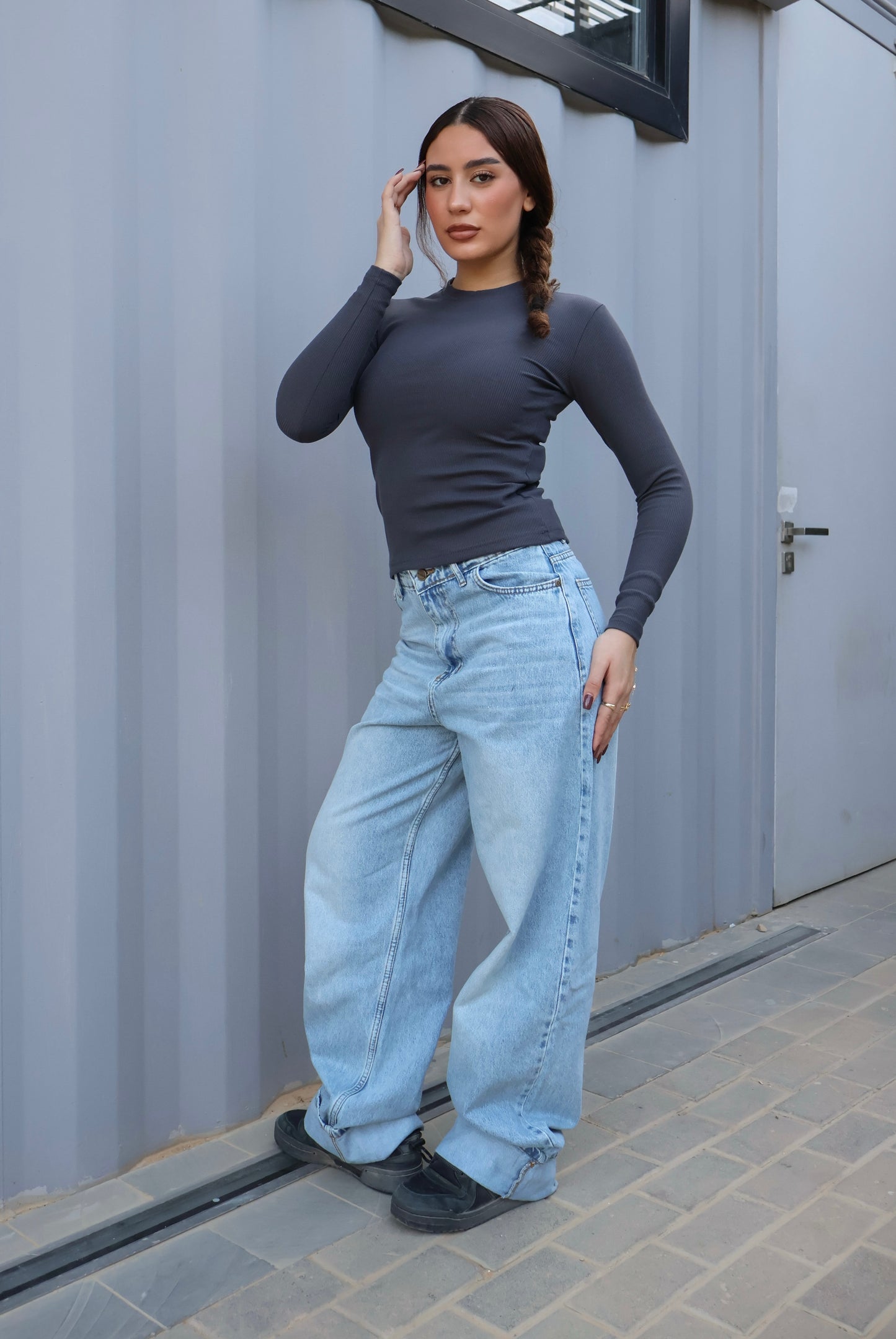 LIGHT BLUE WIDE LEG DENIM WITH TURN UP HEMS