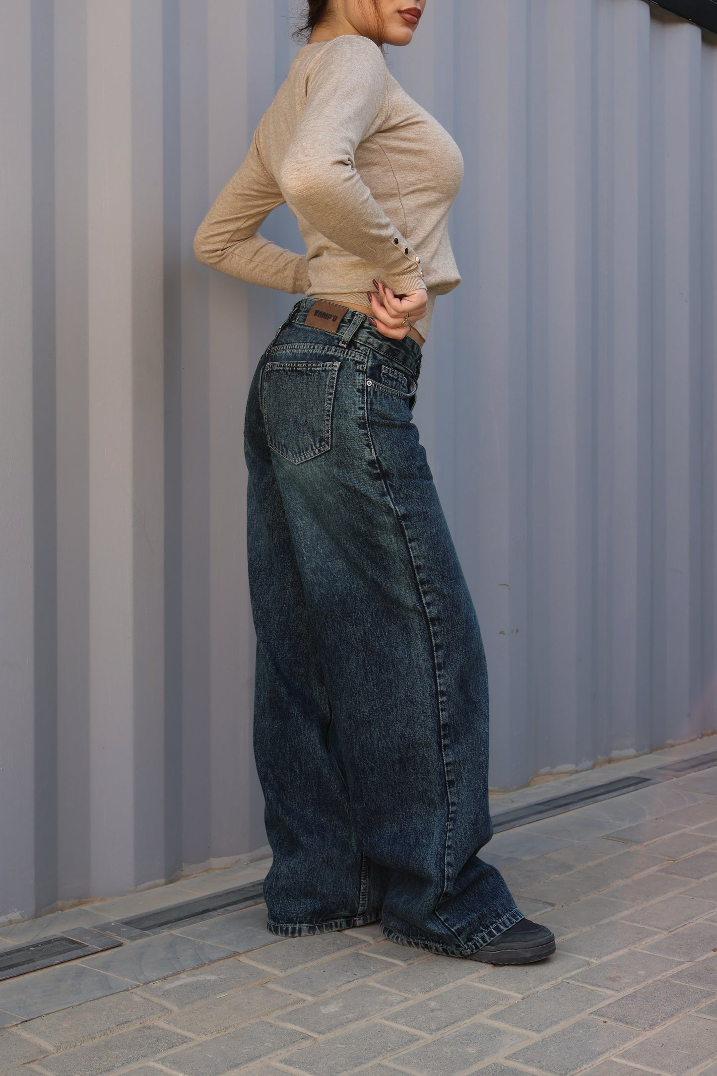 BLUE GREEN LOW-WAIST WIDE LEG DENIM