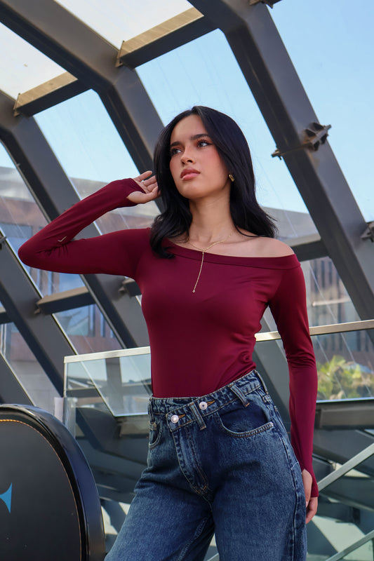 BURGUNDY OFF SHOULDERS BASIC TOP