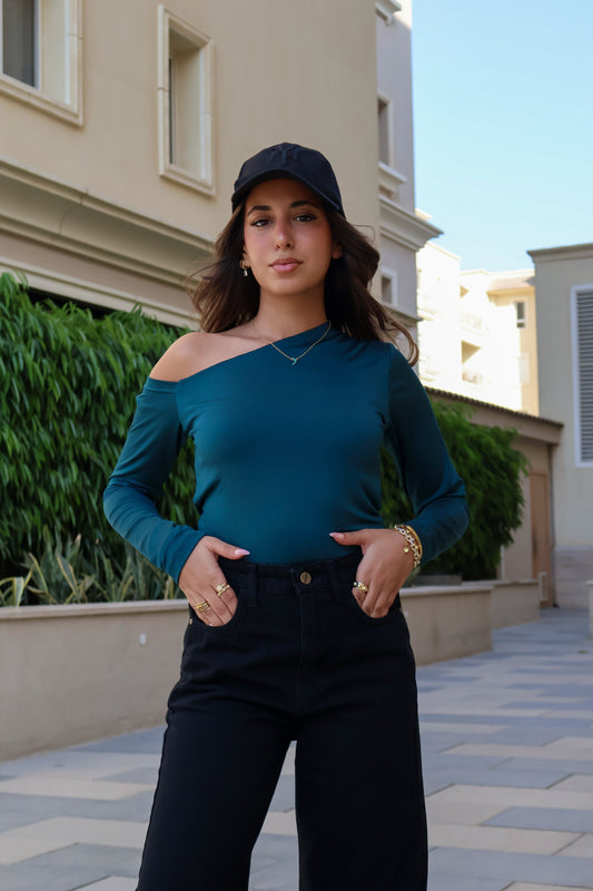 PETROL-GREEN ONE SHOULDER BASIC TOP