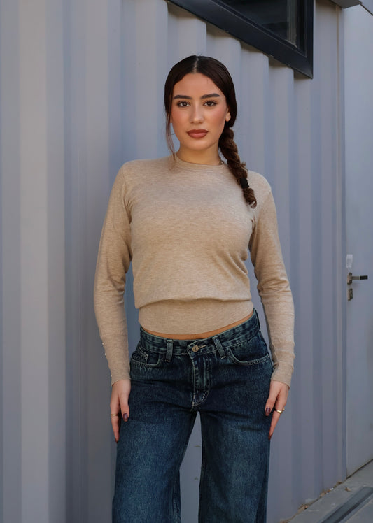 SAND BEIGE CREWNECK KNIT TOP