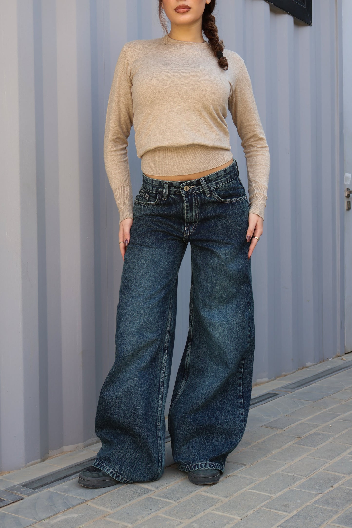 BLUE GREEN LOW-WAIST WIDE LEG DENIM