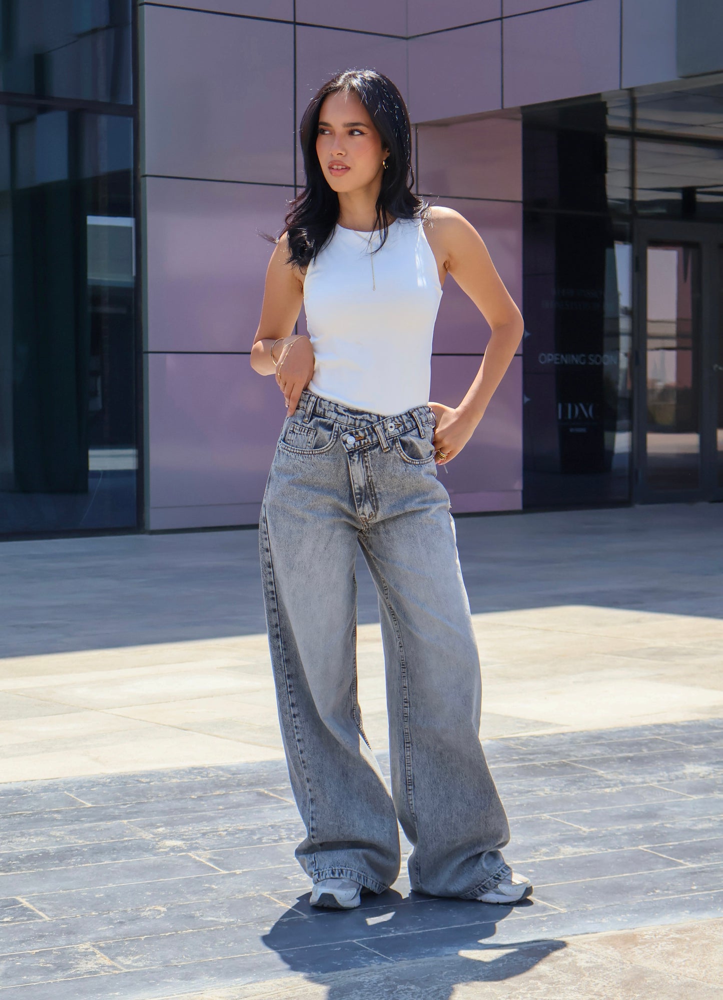 gray crossover waist wide leg denim