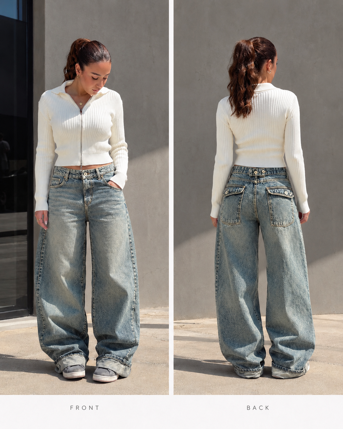 WARM BLUE MID RISE BARREL DENIM WITH BACK BELT