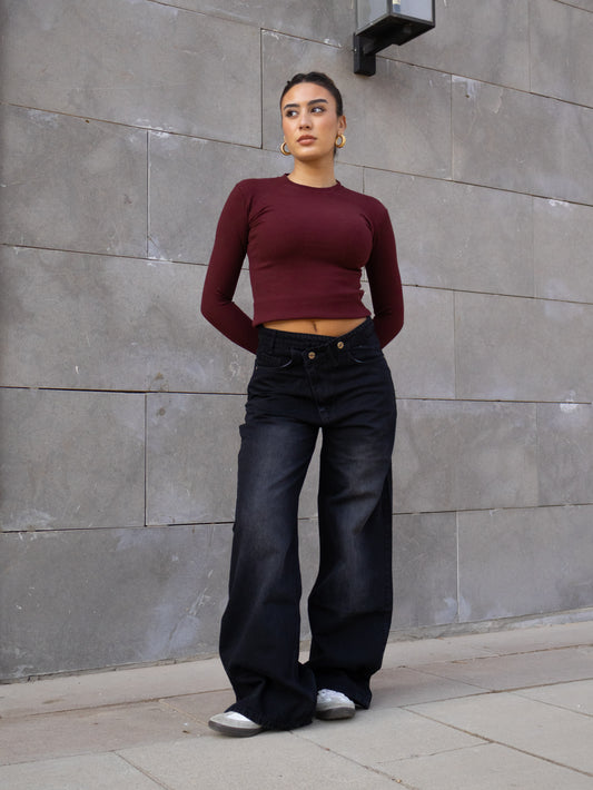 BLACK USED-EFFECT CROSSOVER WAIST DENIM