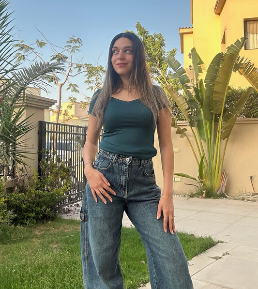 PETROL GREEN-SQUARE NECK SHORT SLEEVED BASIC TOP