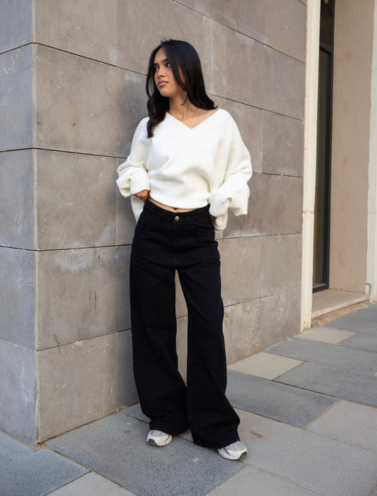 BLACK MID-RISE BAGGY DENIM