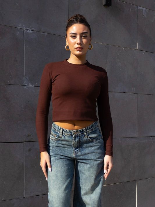 BROWN RIBBED COTTON CREWNECK BASIC TOP