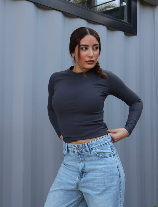 GRAY  RIBBED COTTON CREWNECK BASIC TOP