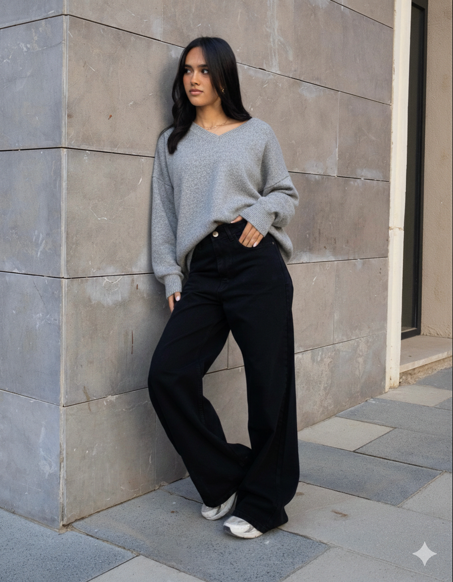 GRAY OVERSIZED V-NECK SWEATER