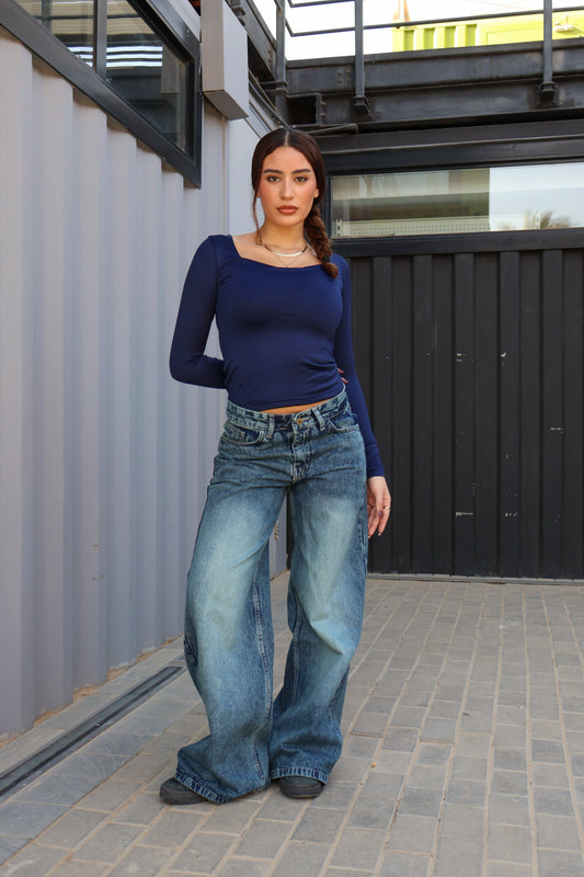 NAVY BLUE SQUARE NECK LONG-SLEEVE BASIC TOP