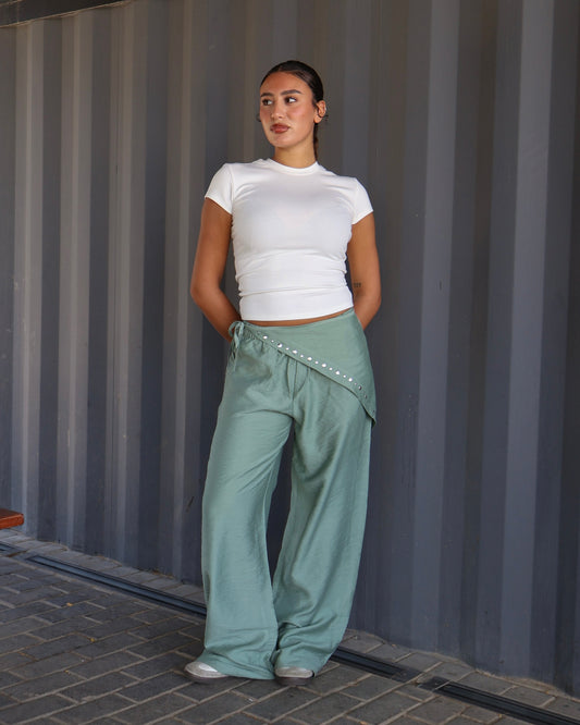 MINT GREEN LINEN WIDE LEG PANTS WITH WAIST WRAP
