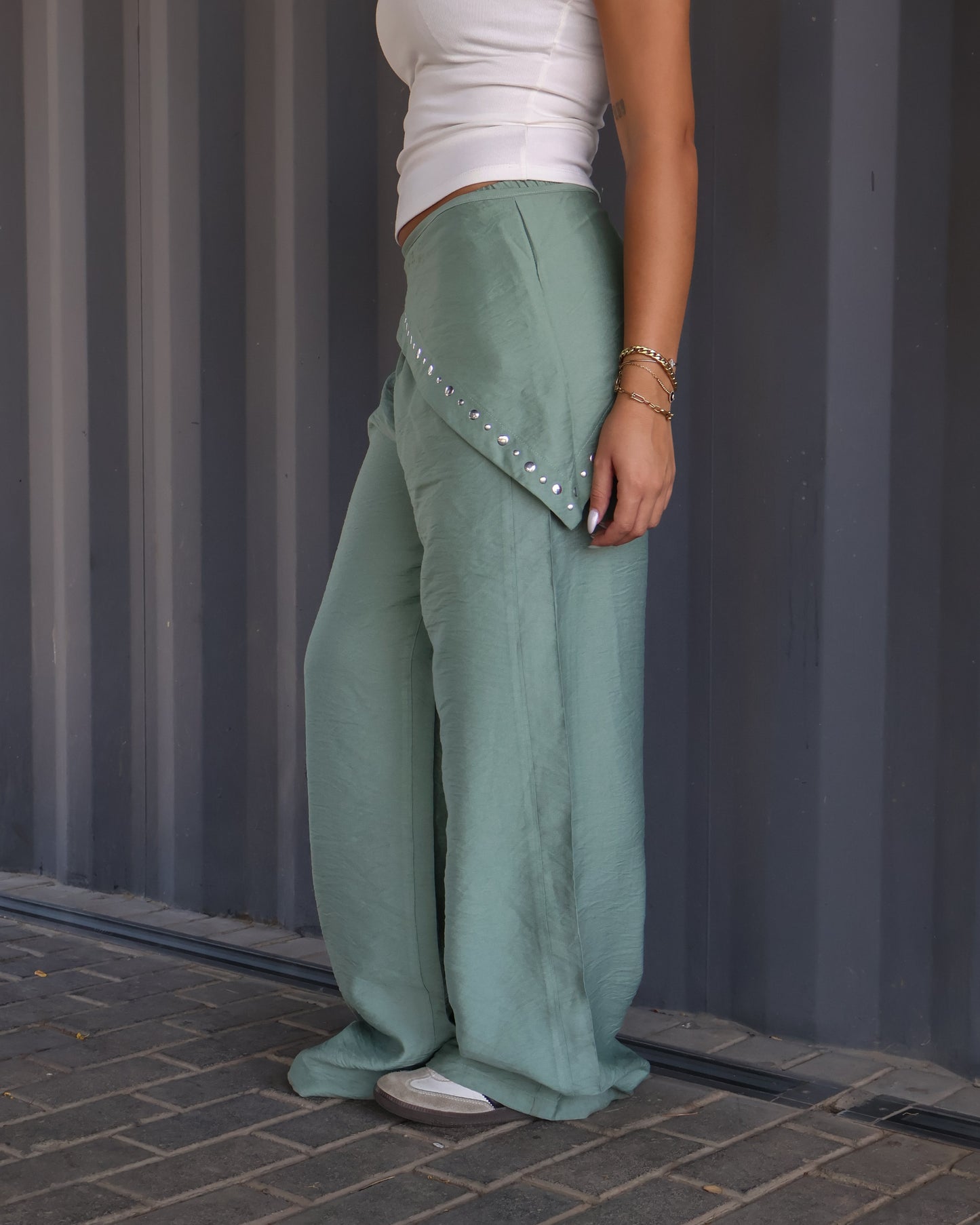 MINT GREEN LINEN WIDE LEG PANTS WITH WAIST WRAP
