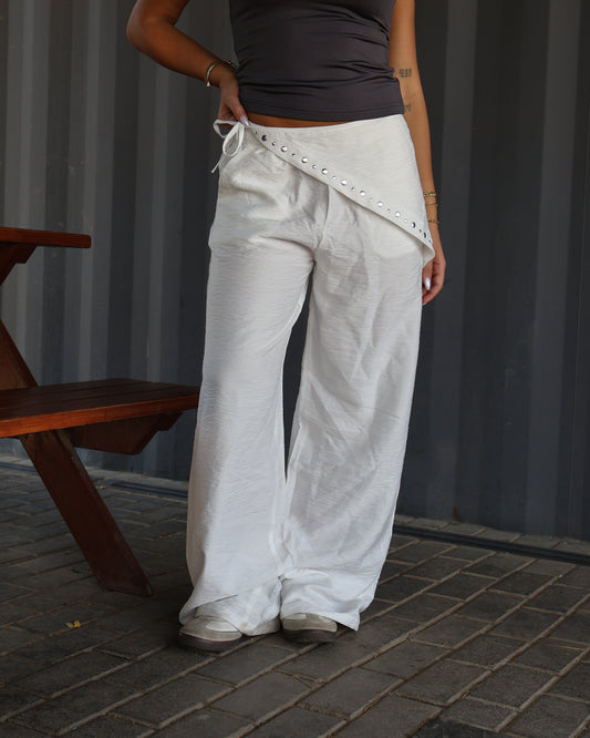 OFF-WHITE LINEN WIDE LEG PANTS WITH WAIST WRAP