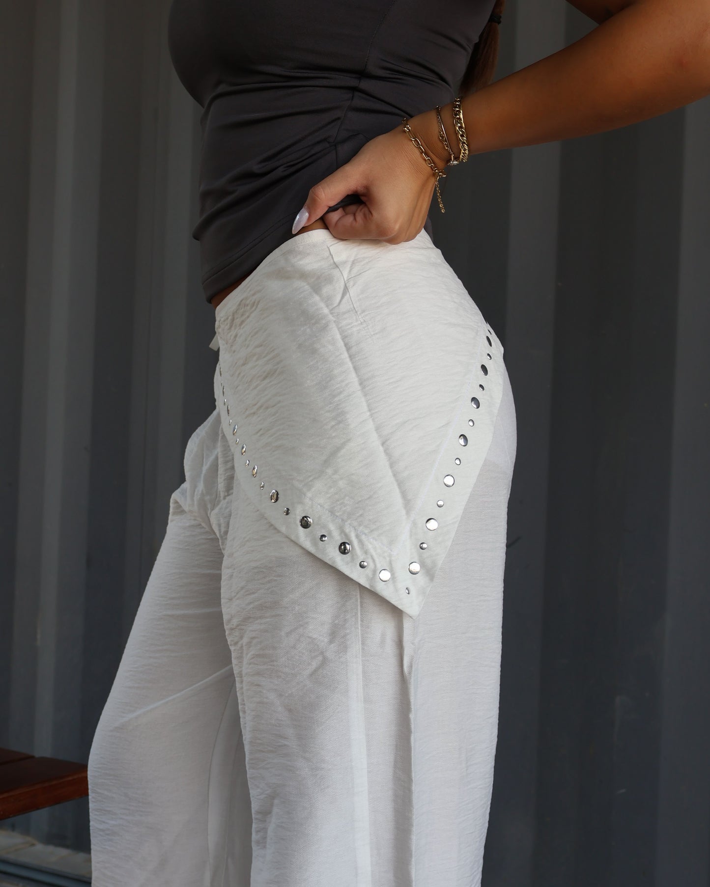 OFF-WHITE LINEN WIDE LEG PANTS WITH WAIST WRAP