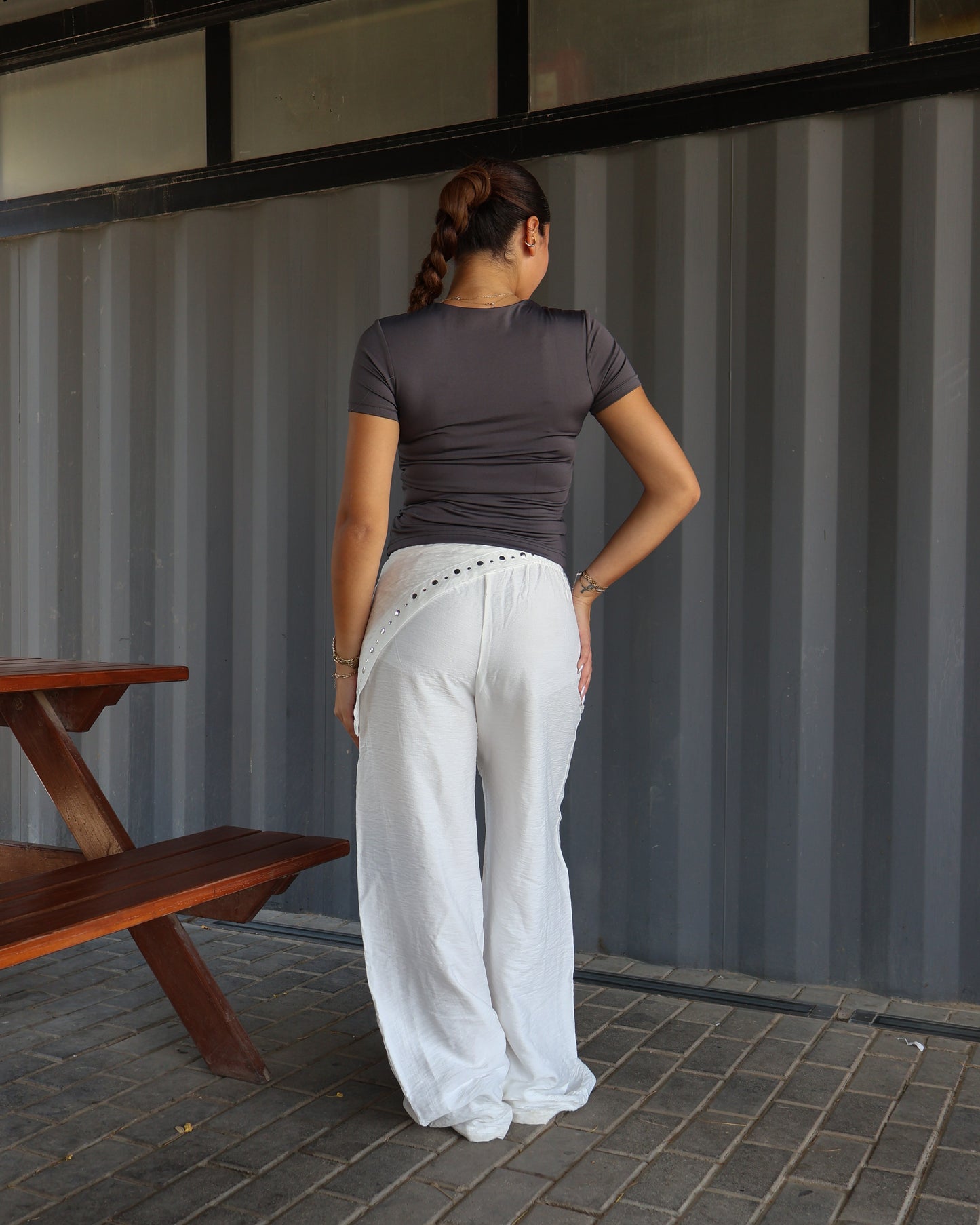 OFF-WHITE LINEN WIDE LEG PANTS WITH WAIST WRAP