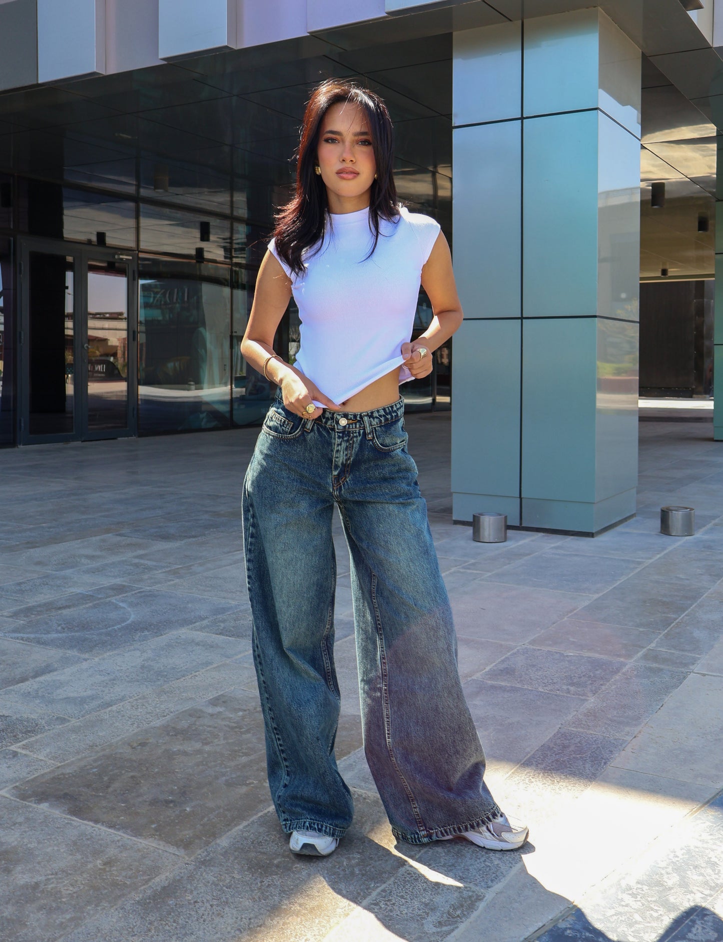 MID-RISE BLUE-GREEN WIDE-LEG DENIM