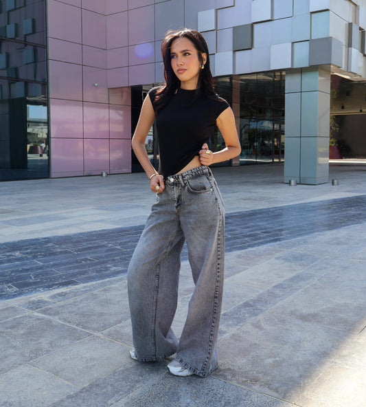 MID-RISE GRAY WIDE-LEG DENIM