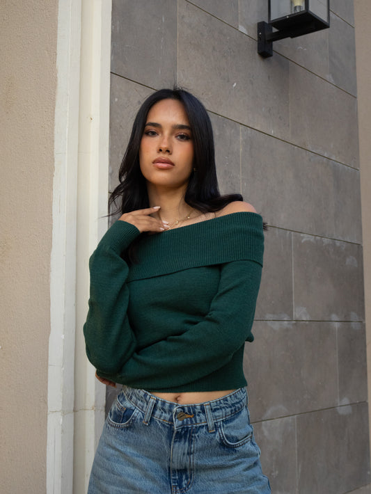GREEN KNITTED OFF-SHOULDER TOP