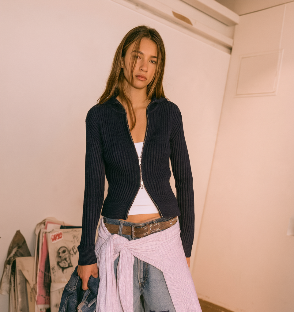 RIBBED COTTON ZIP-UP CARDIGAN