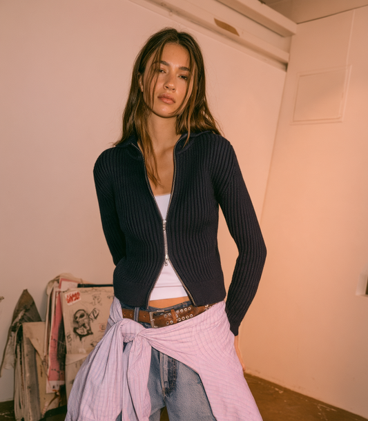 RIBBED COTTON ZIP-UP CARDIGAN