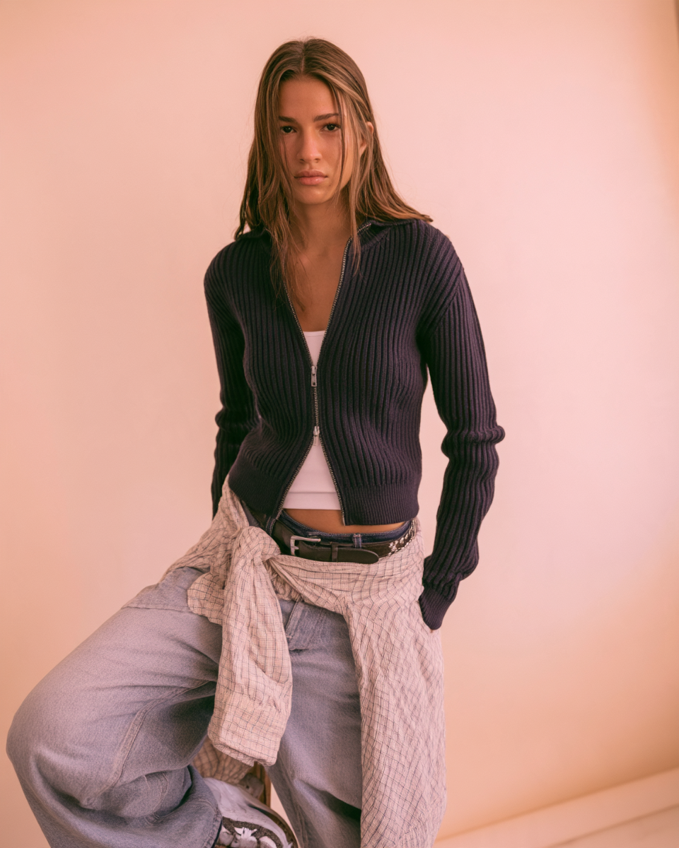 RIBBED COTTON ZIP-UP CARDIGAN